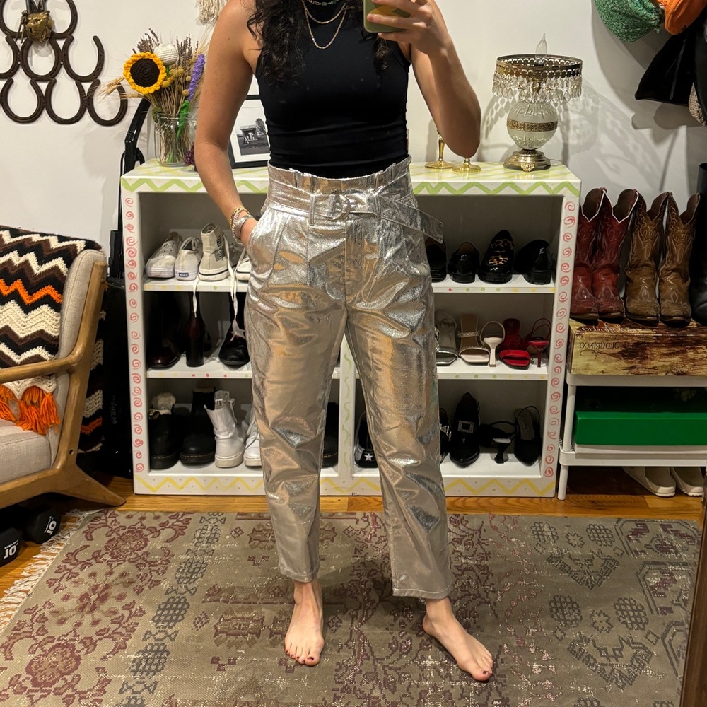 Silver metallic high waist straight leg belted pants